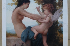 Young girl defending herself against cupid - oil painting reproduction